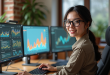 Hébergement web : quel type choisir pour booster son trafic en ligne ? Jeune femme au bureau analysant des données sur plusieurs écrans