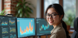 Hébergement web : quel type choisir pour booster son trafic en ligne ? Jeune femme au bureau analysant des données sur plusieurs écrans