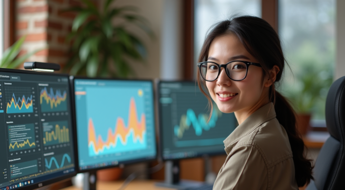 Hébergement web : quel type choisir pour booster son trafic en ligne ? Jeune femme au bureau analysant des données sur plusieurs écrans