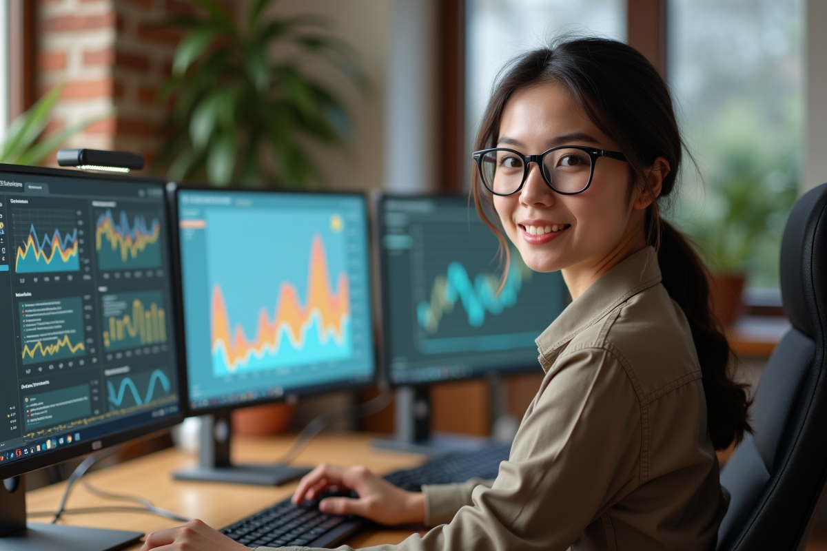 Jeune femme au bureau analysant des données sur plusieurs écrans
