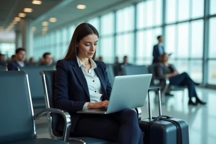 Femme cadre en déplacement professionnel consultant son itinéraire sur un ordinateur portable dans un aéroport international moderne