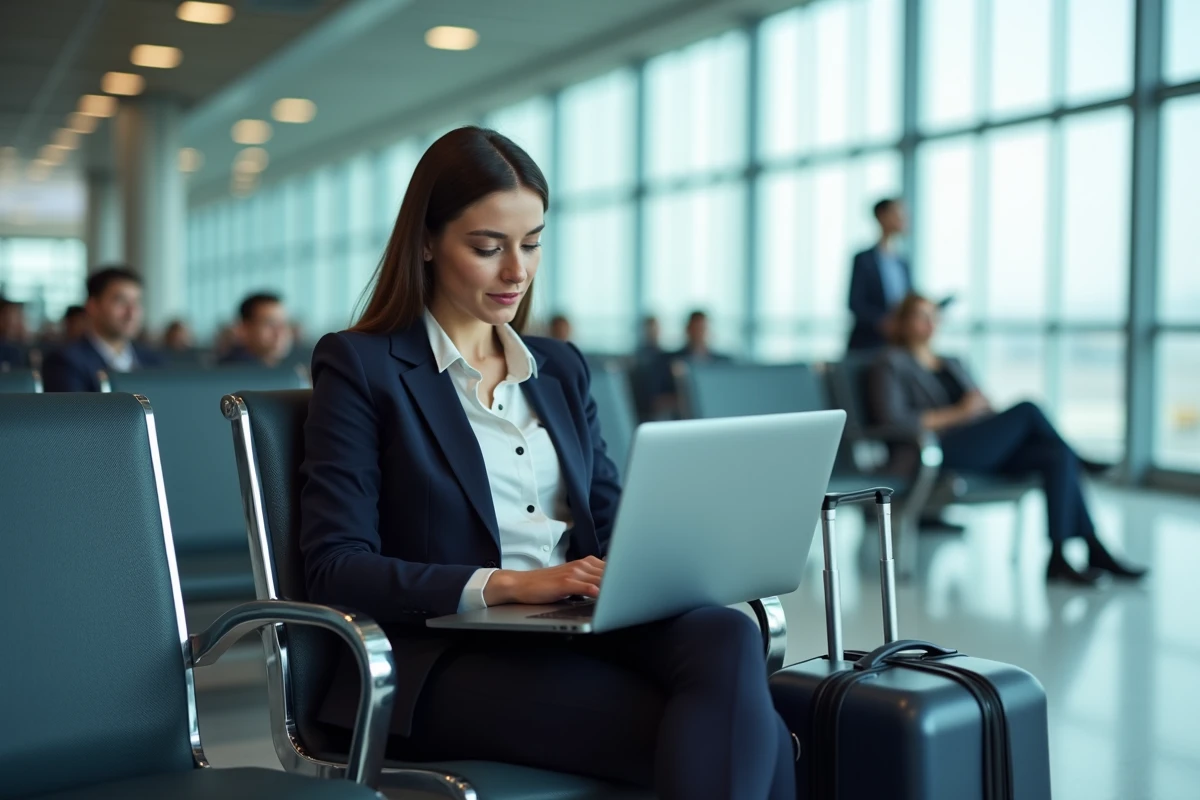Femme cadre en déplacement professionnel consultant son itinéraire sur un ordinateur portable dans un aéroport international moderne