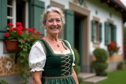 Femme bavaroise en dirndl traditionnel devant une ferme typique de Gummering avec ses fresques murales et ses géraniums rouges