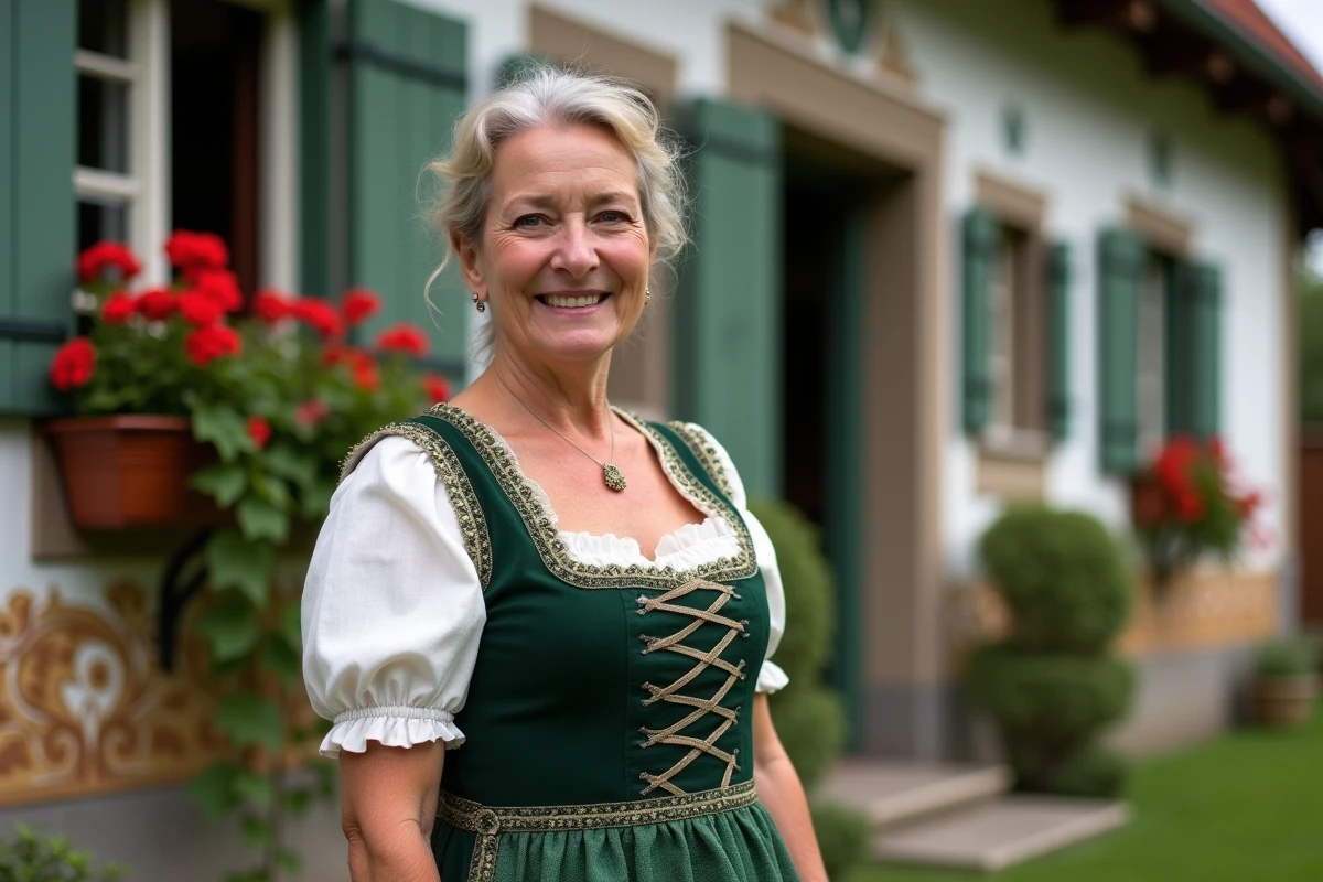 Femme bavaroise en dirndl traditionnel devant une ferme typique de Gummering avec ses fresques murales et ses géraniums rouges