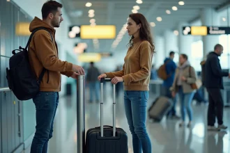 Femme anxieuse à l'aéroport vérifiant son sac cabine