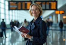 Papier pour voyager en avion : quel document prévoir pour voler sereinement ? Femme d'âge moyen au comptoir d'enregistrement à l'aéroport