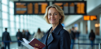 Femme d'âge moyen au comptoir d'enregistrement à l'aéroport