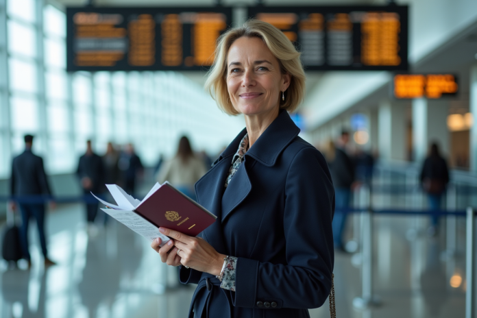 femme-enregistrement-aeroport-1 Femme d'âge moyen au comptoir d'enregistrement à l'aéroport