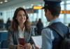 Jeune femme à l'aéroport avec passeport et billet
