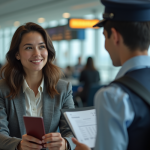 Jeune femme à l'aéroport avec passeport et billet