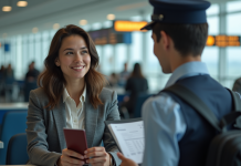 Jeune femme à l'aéroport avec passeport et billet