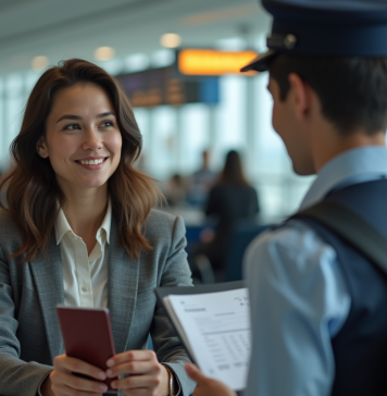 Jeune femme à l'aéroport avec passeport et billet