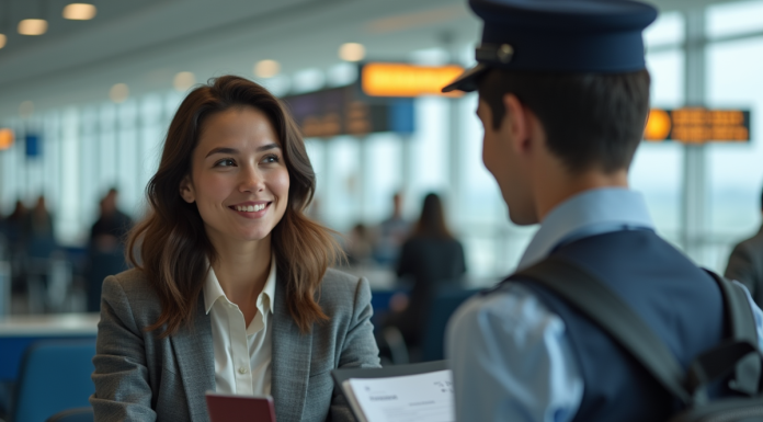 Jeune femme à l'aéroport avec passeport et billet