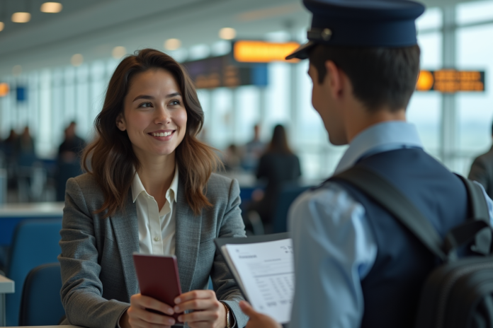 femme-enregistrement-aeroport Jeune femme à l'aéroport avec passeport et billet
