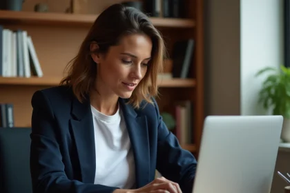 Femme comparant des billets d'avion avec points sur Google Flights depuis un bureau à domicile