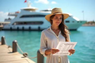 Femme consultant les horaires de ferry sur le quai du port d'Hyères avant de partir pour Porquerolles