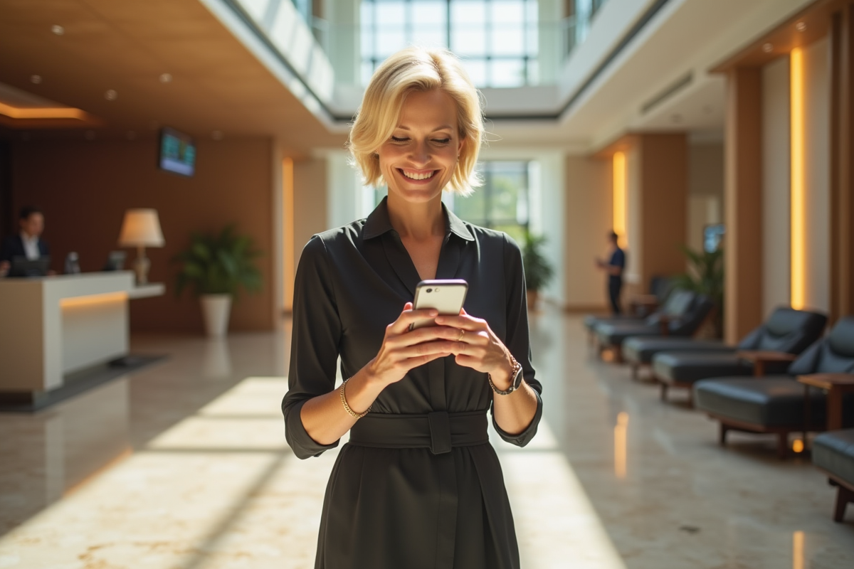 Femme souriante dans un lobby d