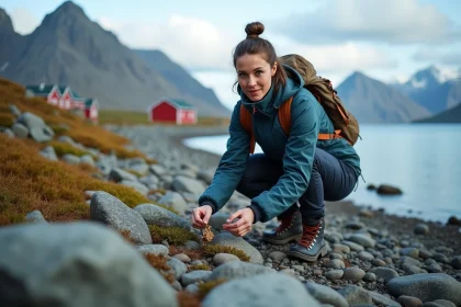 Femme en parka ramassant un déchet sur la côte des Lofoten