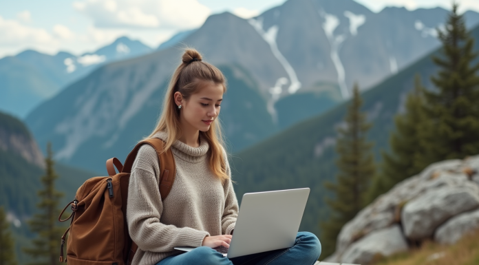 Jeune femme travaillant sur un laptop en nature
