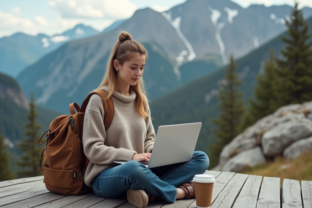 Jeune femme travaillant sur un laptop en nature