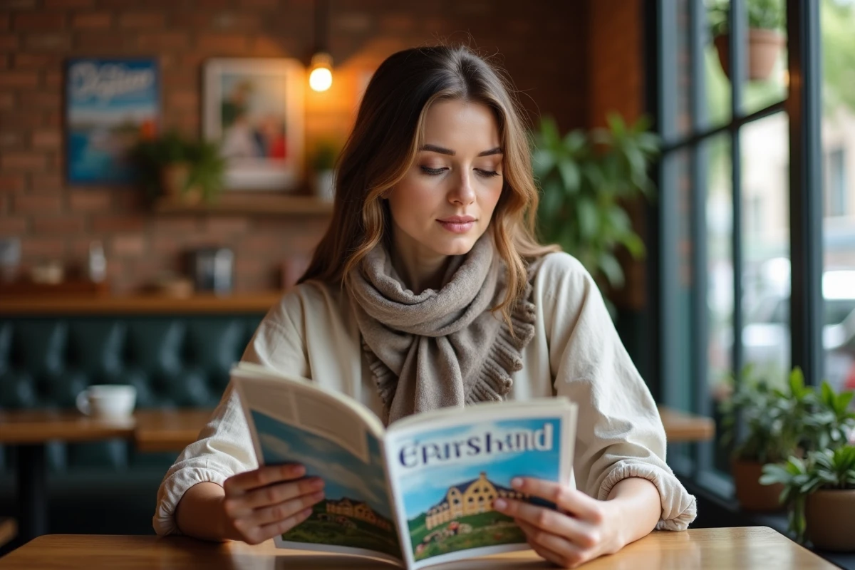 Femme lisant un magazine de voyage dans un cafe cosy