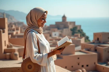Jeune femme nord-africaine consulte guide voyage avec vue sur ville