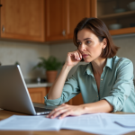 Femme d'âge moyen compare documents santé dans une cuisine chaleureuse