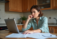 Femme d'âge moyen compare documents santé dans une cuisine chaleureuse