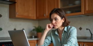 Femme d'âge moyen compare documents santé dans une cuisine chaleureuse