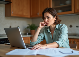 Assurance santé en Espagne : Comparez les offres pour votre couverture médicale à l’étranger ! Femme d'âge moyen compare documents santé dans une cuisine chaleureuse