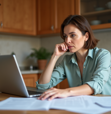 Femme d'âge moyen compare documents santé dans une cuisine chaleureuse