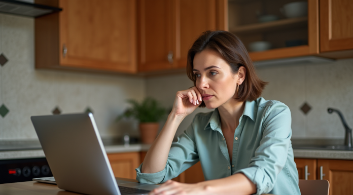 Femme d'âge moyen compare documents santé dans une cuisine chaleureuse