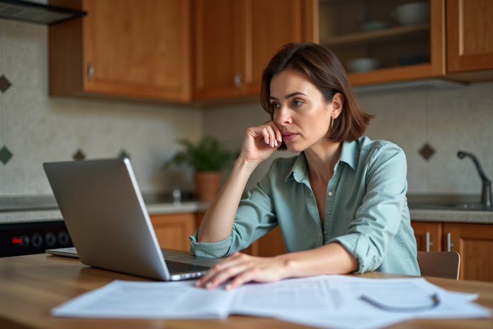 Femme d'âge moyen compare documents santé dans une cuisine chaleureuse
