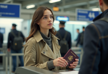 Voyager avec une photo de carte d’identité : ce que dit la loi en France Jeune femme avec passeport et carte d'identite au guichet