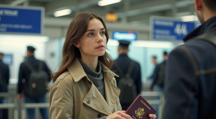 Jeune femme avec passeport et carte d'identite au guichet