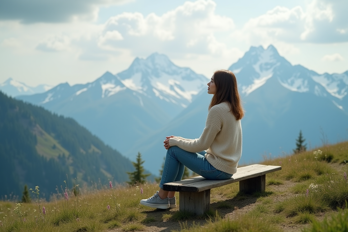 Femme contemplant un paysage de montagne enneigee