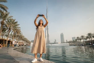 Jeune femme photographiant le Burj Khalifa depuis la promenade du lac, Dubai