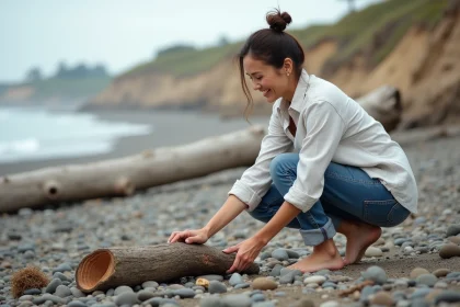 Femme en linen examinant un bois flotté sur la plage