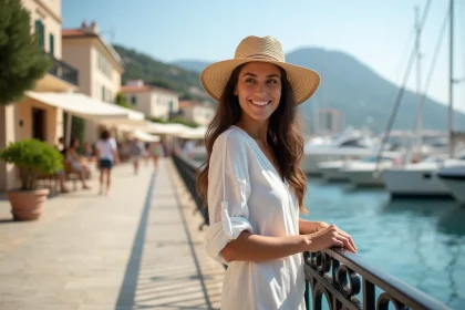 Femme souriante en robe blanche devant le port de Porto Cervo