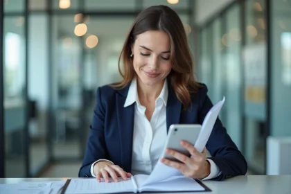 Femme professionnelle en bureau avec dossier et smartphone