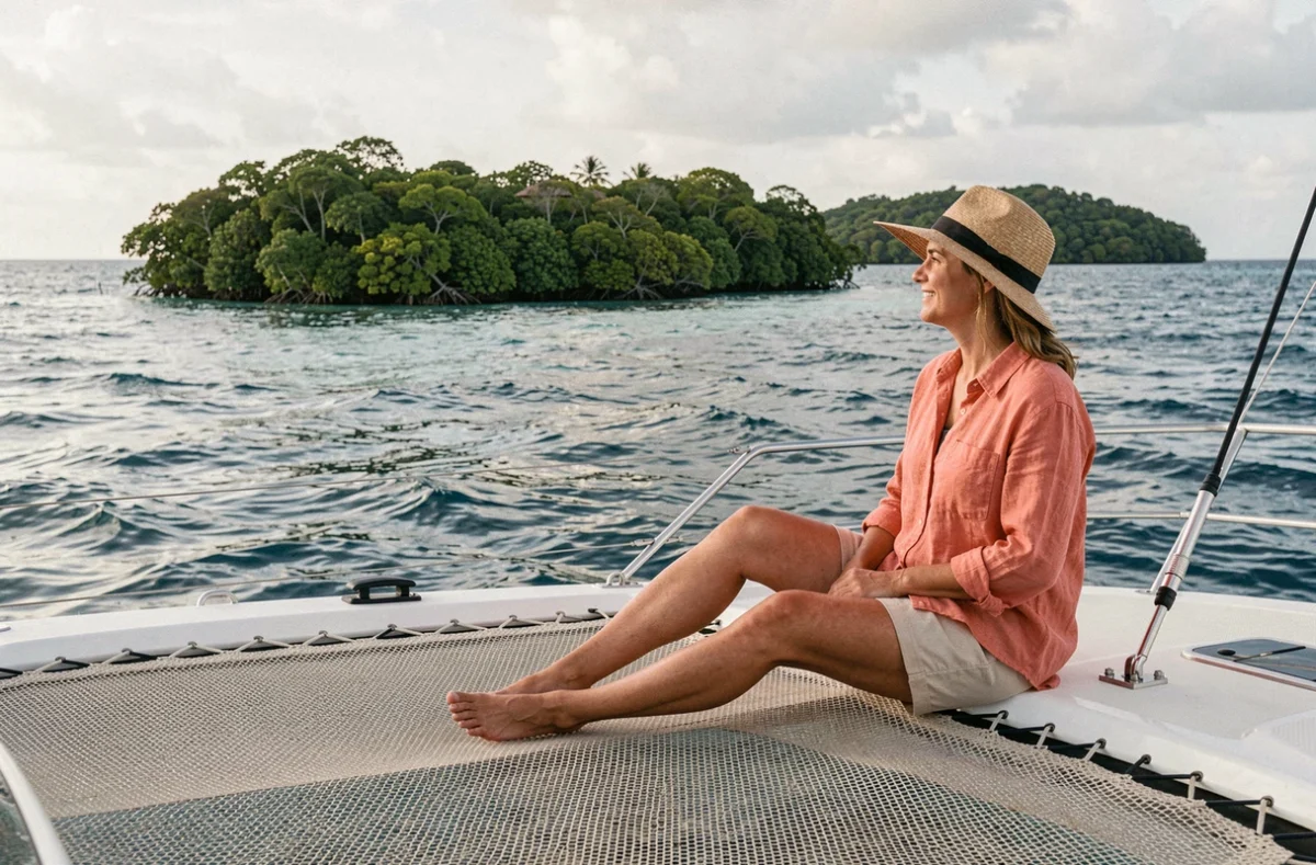 Femme assise sur le filet avant d'un catamaran contemplant les îlots des Grenadines