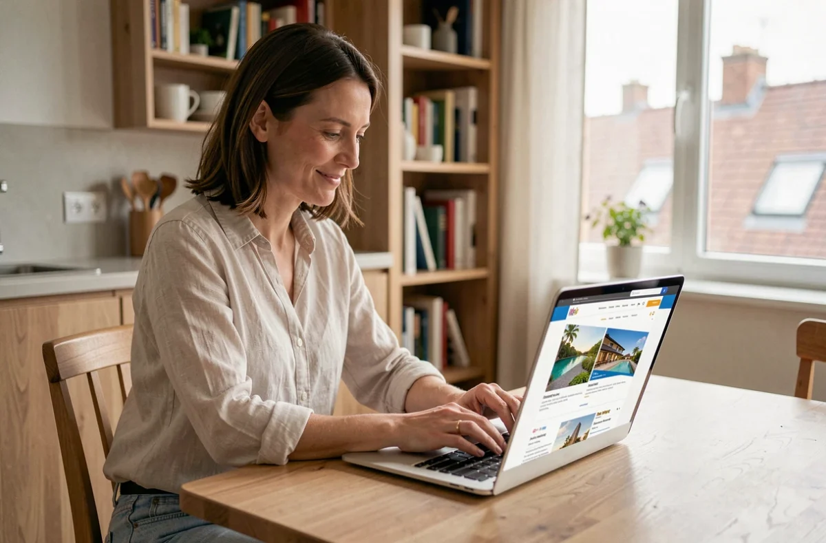 Femme consultant des alternatives à Locasun sur son ordinateur portable pour planifier un séjour en location de vacances