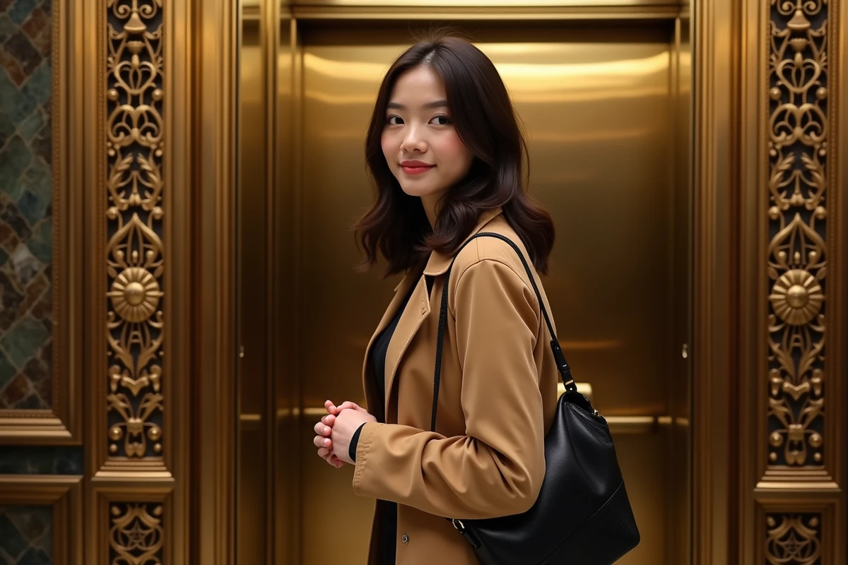 Jeune femme réfléchissant près d’un ascenseur en fer forgé