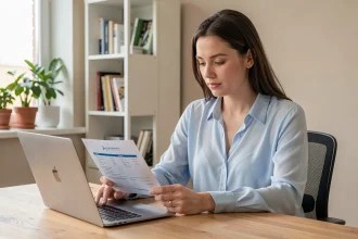 Femme consultant sa réservation Air Algérie sur un ordinateur portable dans un bureau à domicile