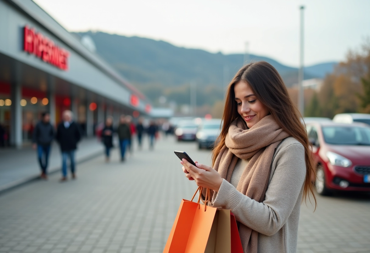 Jeune femme avec sacs de courses près du hypermarche espagnol