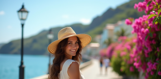 Femme souriante en robe d'été à Funchal Madeira