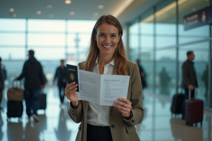 Femme souriante avec passeport et assurance à l'aéroport