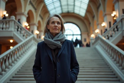 Femme en manteau bleu dans la gare Liège Guillemins