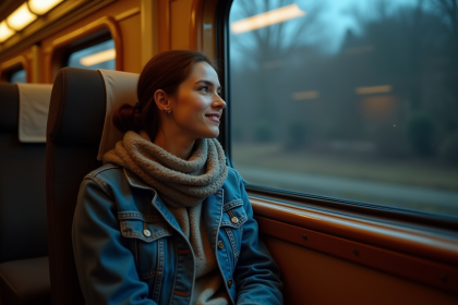 Jeune femme en train de regarder par la fenêtre d'un train en Italie