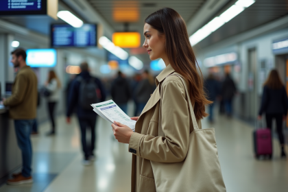 Jeune femme examinant un ticket Eurail dans une gare animée